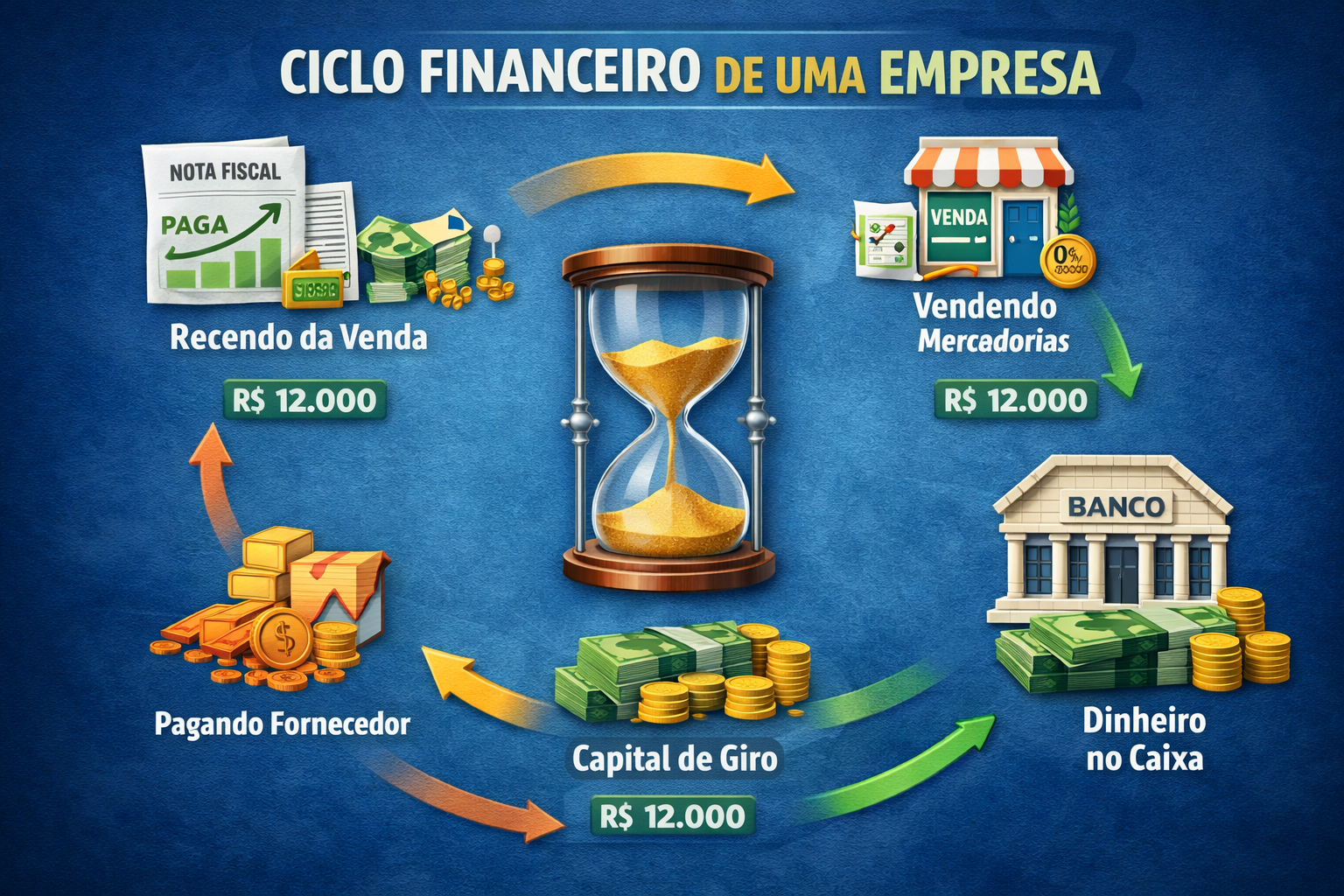 Gráfico demonstrando o ciclo financeiro de uma empresa, do pagamento ao fornecedor até o recebimento da venda.