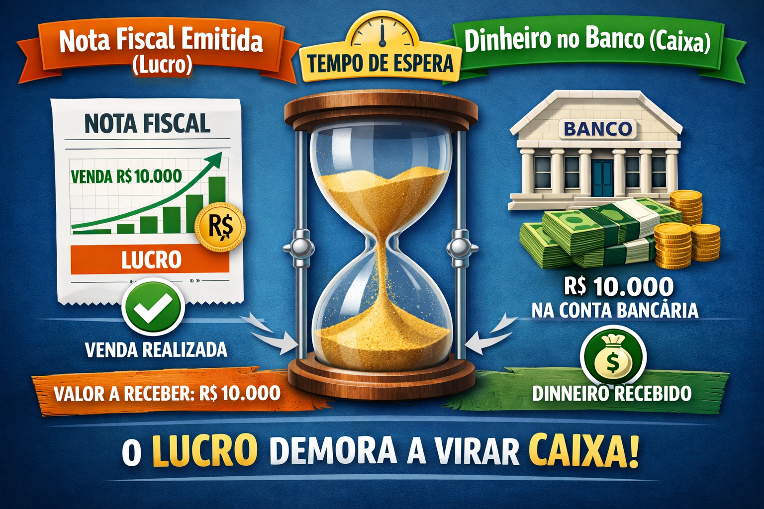 Infográfico mostrando a diferença entre a nota fiscal emitida (Lucro) e o dinheiro entrando no banco (Caixa), destacando o tempo de espera.