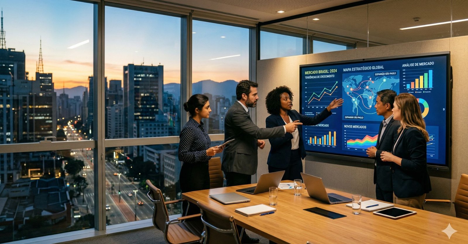 Líderes estratégicos discutindo tendências de mercado e alinhamento de equipe em reunião
