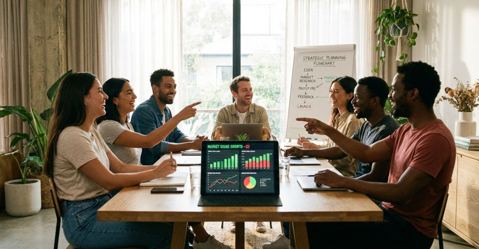 Equipe de gestão estratégica analisando dados de mercado para planejamento