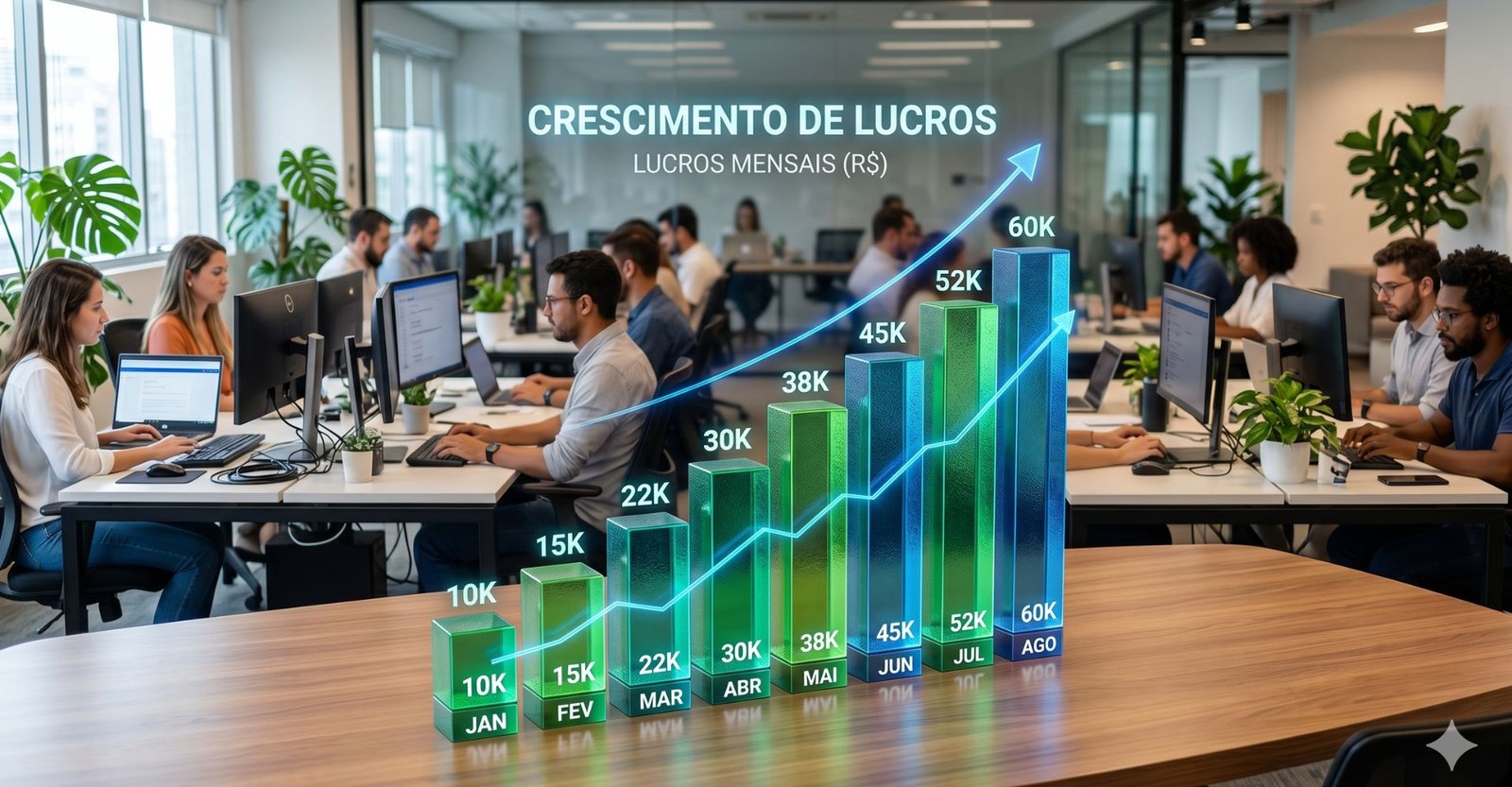 Gráfico de rentabilidade crescente com profissionais de negócios