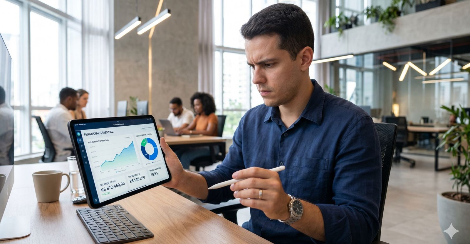 Analista financeiro revisando painel de controle de fluxo de caixa em tablet