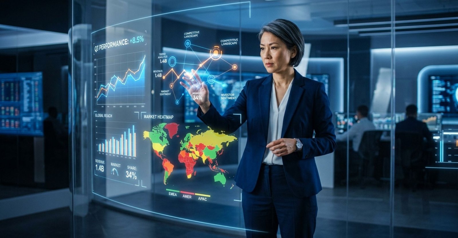 Líder estratégico analisando dados preditivos e cenários futuros em interface holográfica