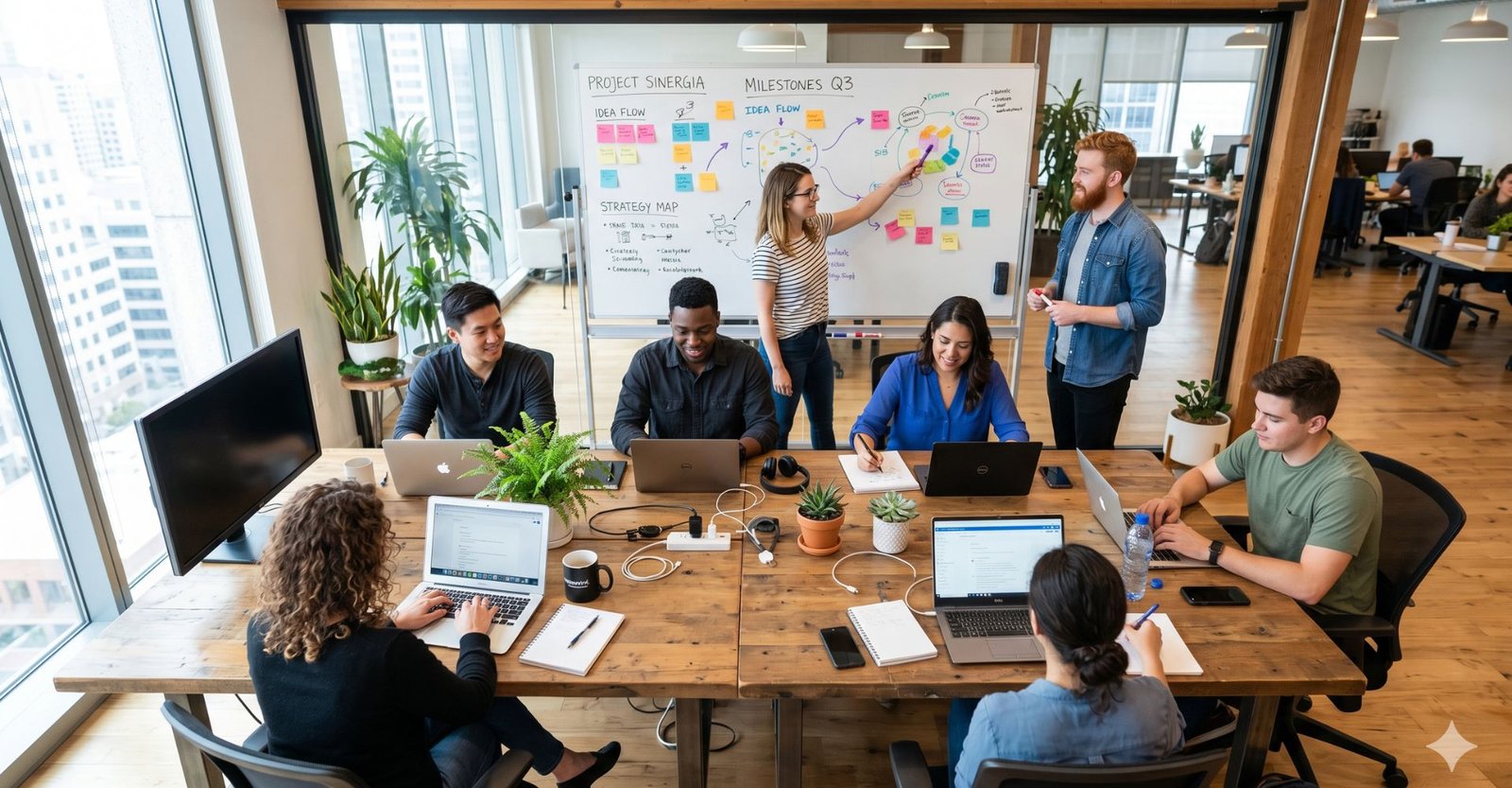 Equipe colaborativa trabalhando em projetos delegados em um ambiente produtivo