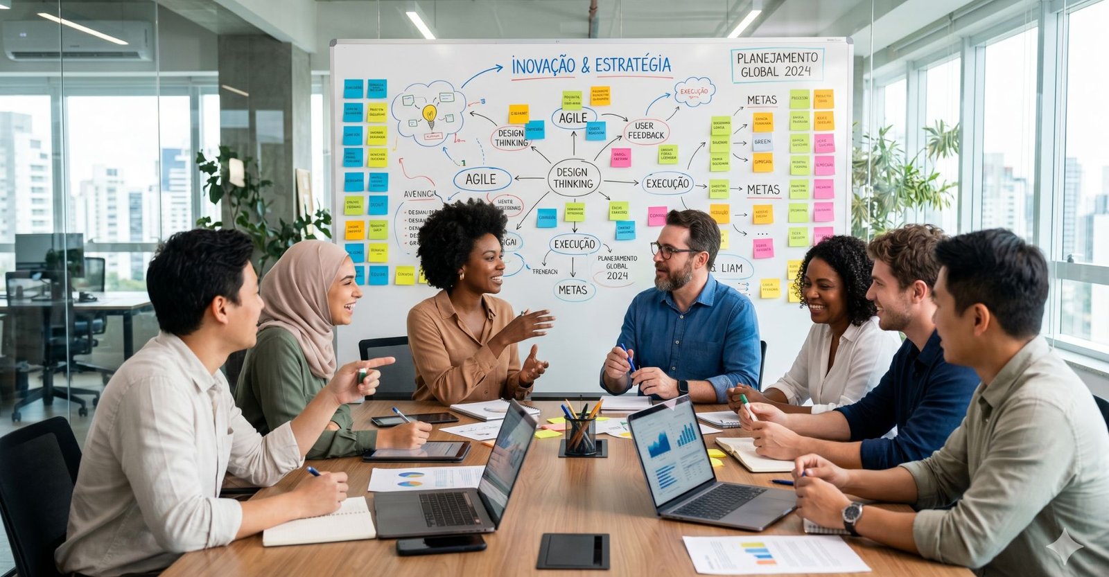 Equipe de negócios colaborando em planejamento estratégico para rentabilidade