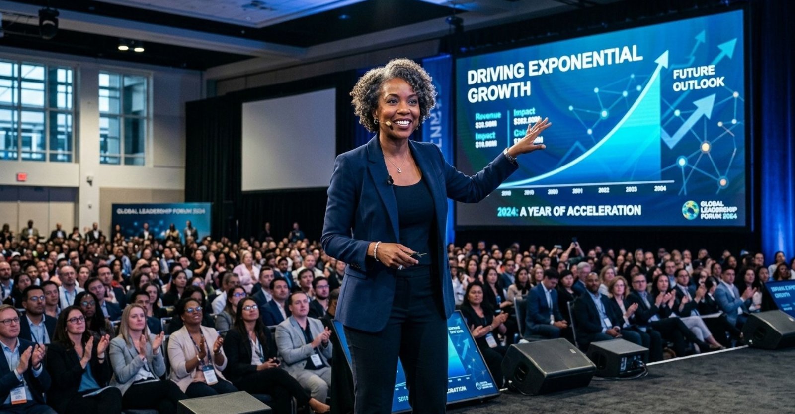 Líder estratégica inspirando a equipe com visão de crescimento exponencial