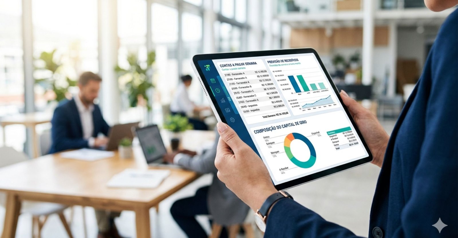 Por que sua empresa vende bem, mas o fluxo de caixa continua negativo? 2 Empresário analisando dashboard financeiro em um tablet, monitorando contas a pagar e capital de giro com apoio de tecnologia.