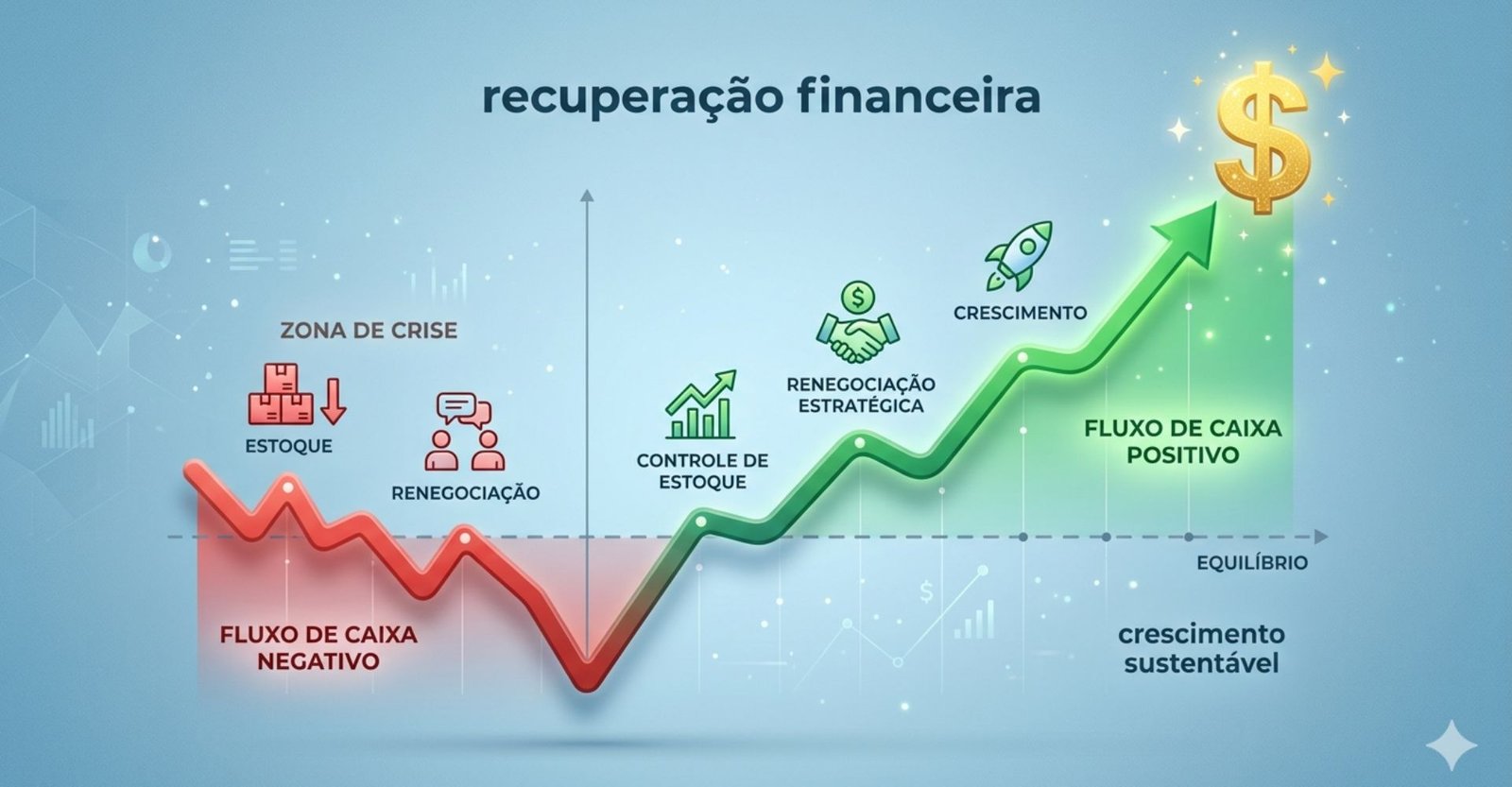 Por que sua empresa vende bem, mas o fluxo de caixa continua negativo? 1 Infográfico mostrando a curva de recuperação de uma empresa saindo do fluxo de caixa negativo para o saldo positivo após gestão estratégica.