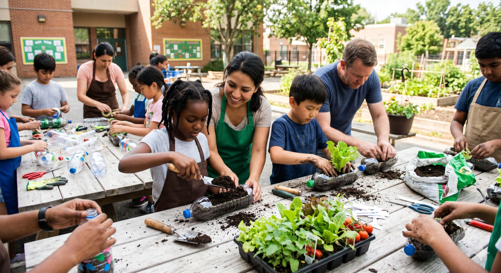 Atividade escolar de jardinagem com garrafas PET