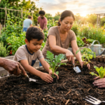 Mãos plantando mudas em canteiro de horta durante o pôr do sol