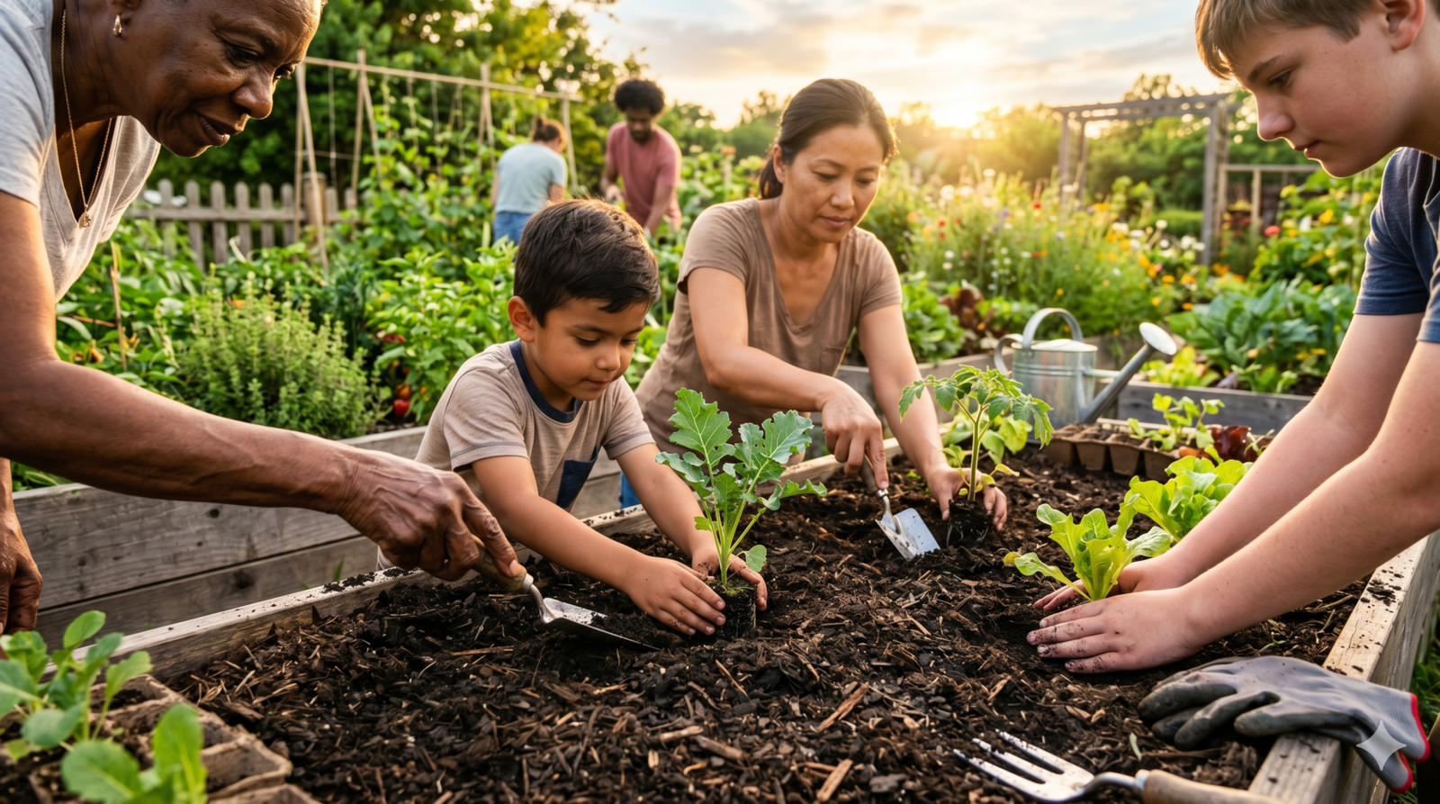 Mãos plantando mudas em canteiro de horta durante o pôr do sol