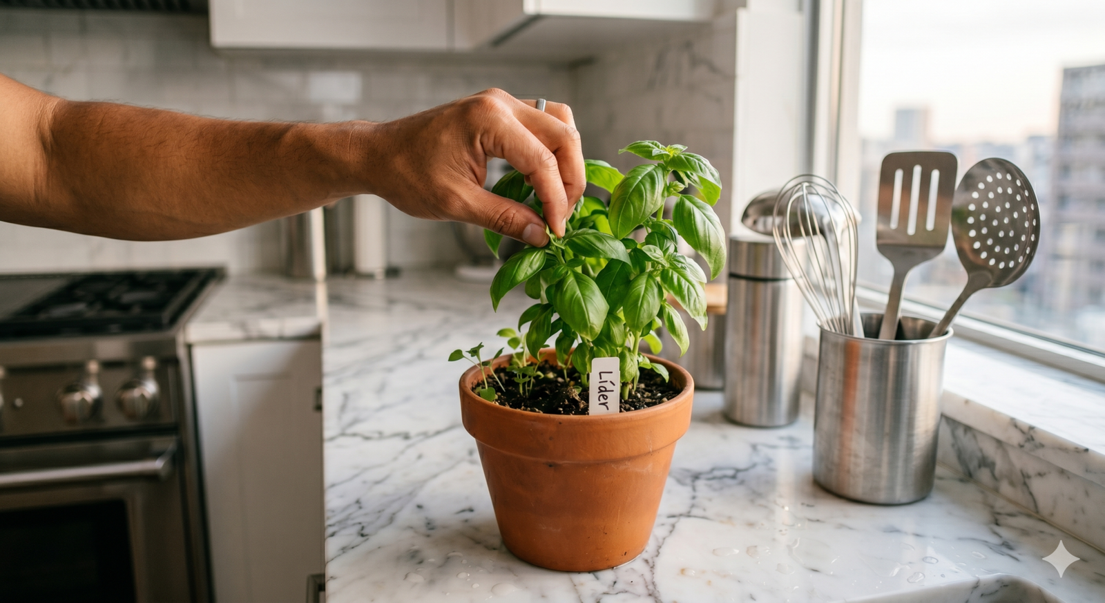 Transforme seu apartamento com uma horta caseira inovadora 3 Colheita de manjericão em apartamento