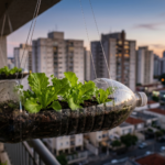 Horta em garrafa PET em varanda urbana