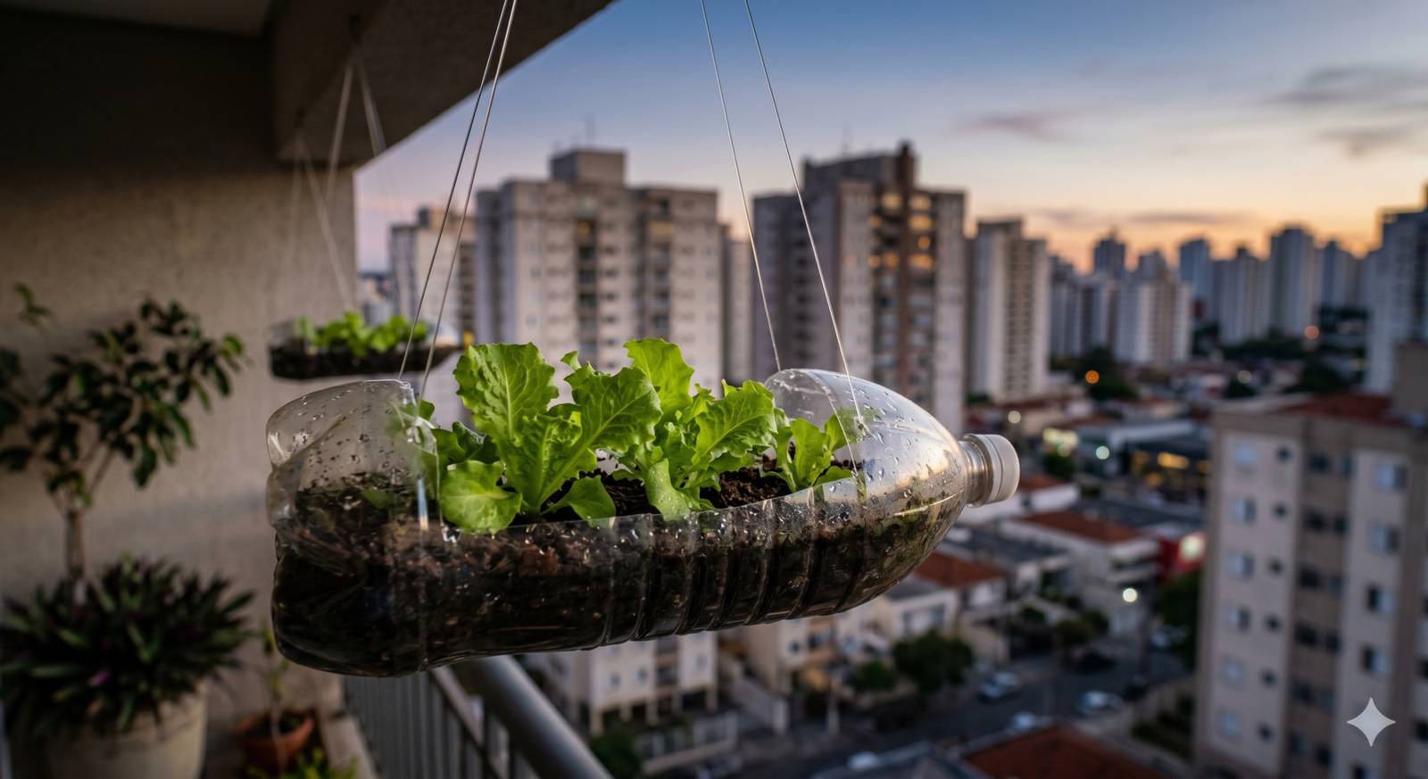 Horta em garrafa PET em varanda urbana