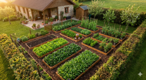 Horta caseira organizada com diversas verduras