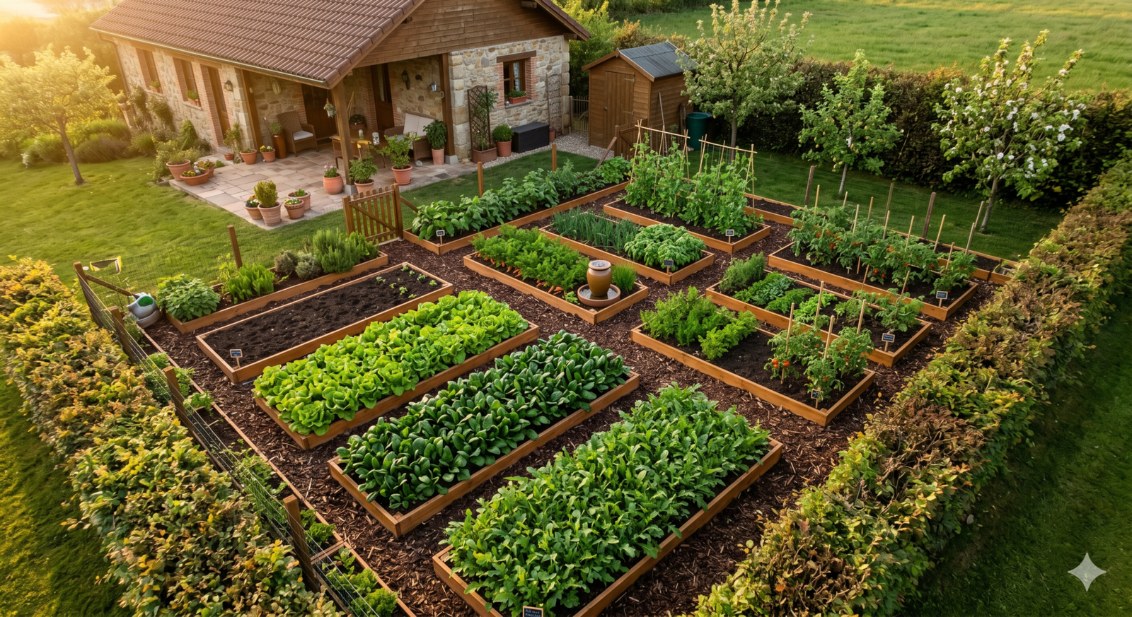 Horta caseira organizada com diversas verduras