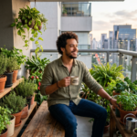 Horta em vasos em varanda de apartamento urbano.
