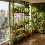 Horta vertical em apartamento com vista urbana