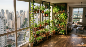 Horta vertical em apartamento com vista urbana