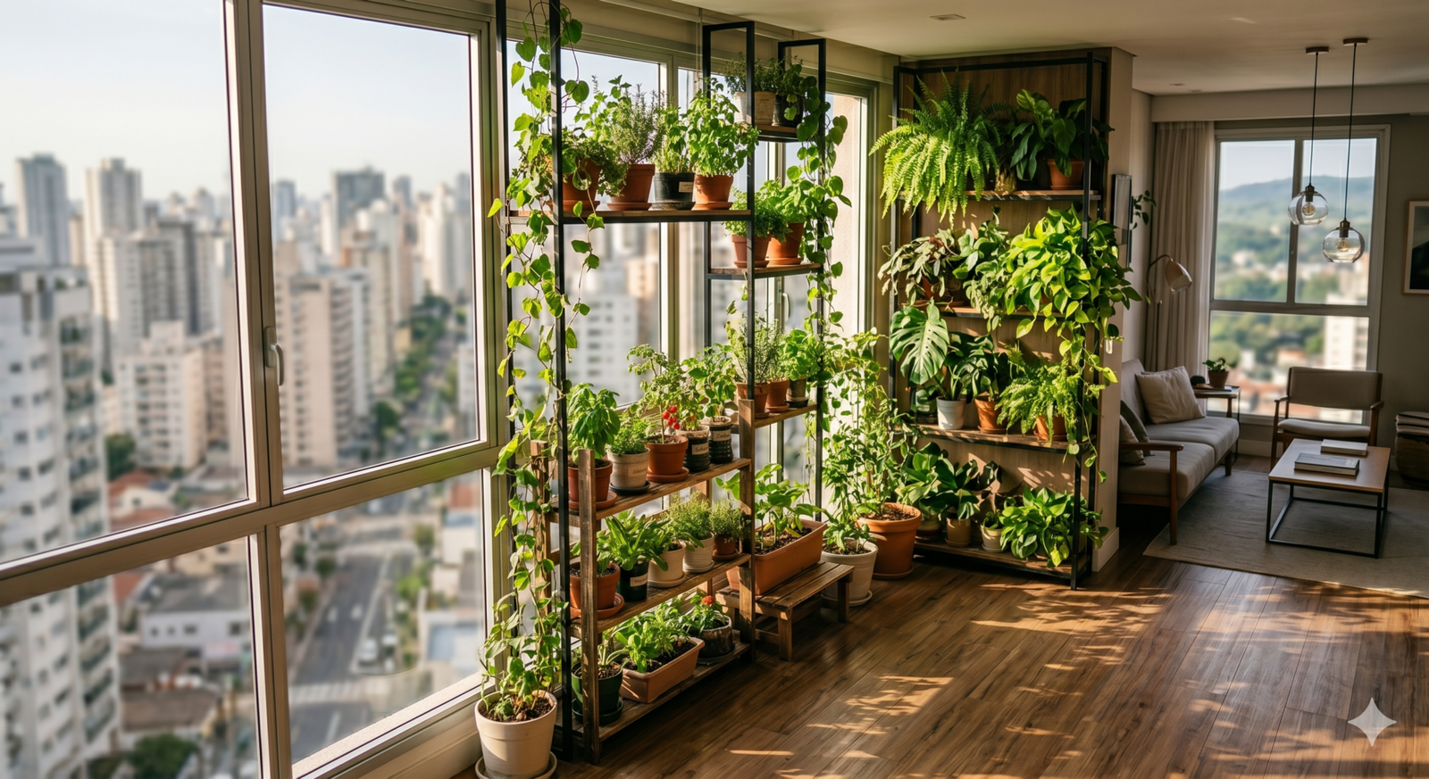 Horta vertical em apartamento com vista urbana