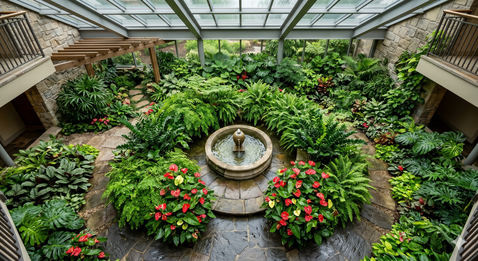 Jardim interno com plantas de sombra