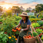 Jardim urbano com mulher colhendo tomates