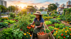 Jardim urbano com mulher colhendo tomates
