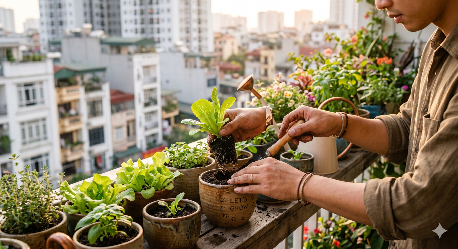 Mãos plantando mudas de alface em vasos na varanda