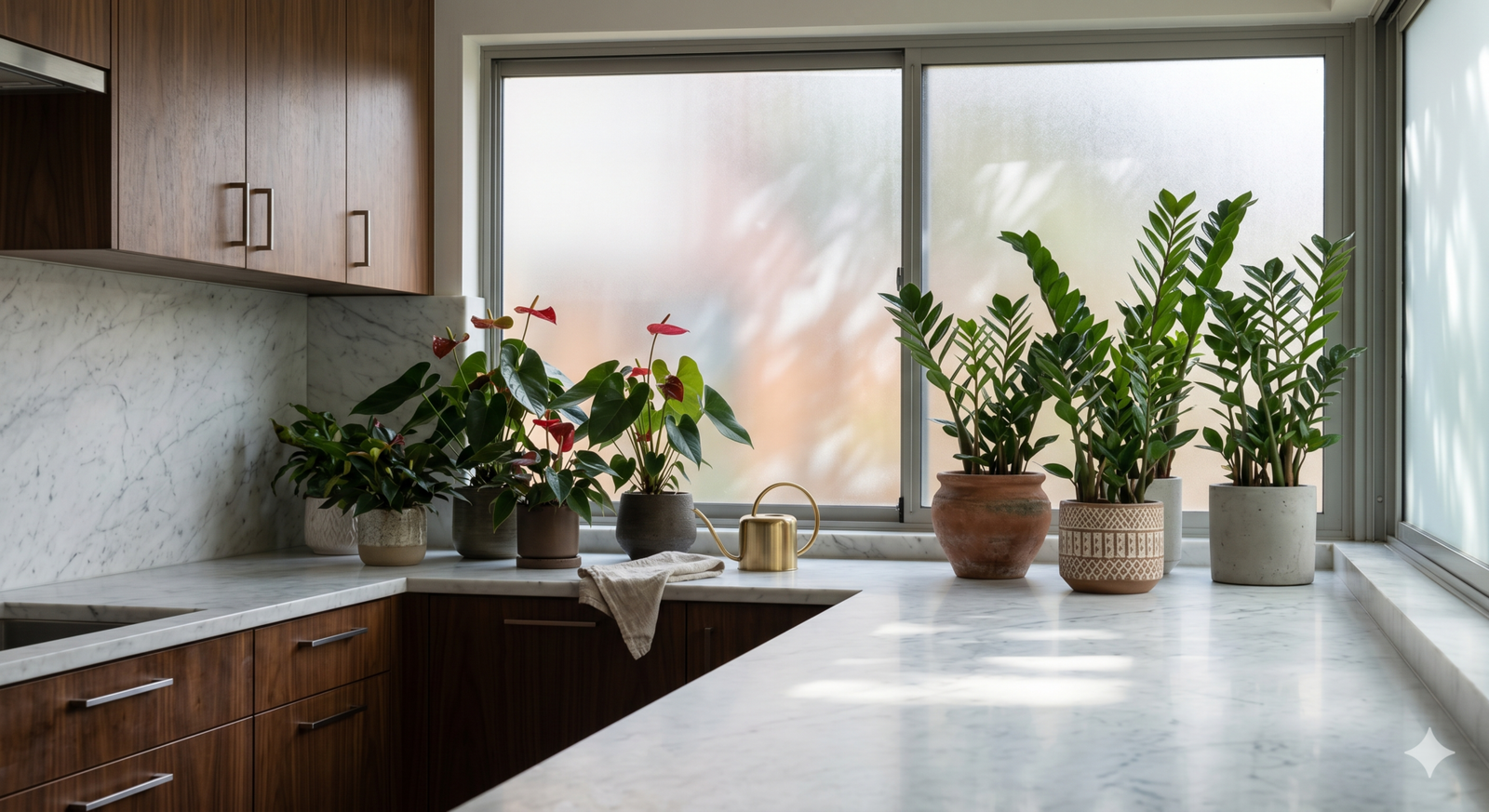Plantas de sombra em cozinha contemporânea