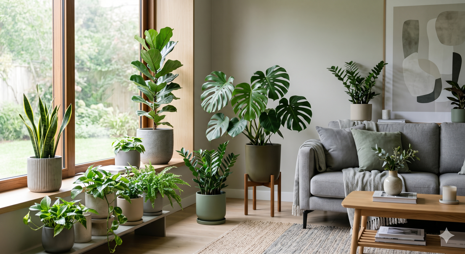Plantas de sombra em sala de estar moderna