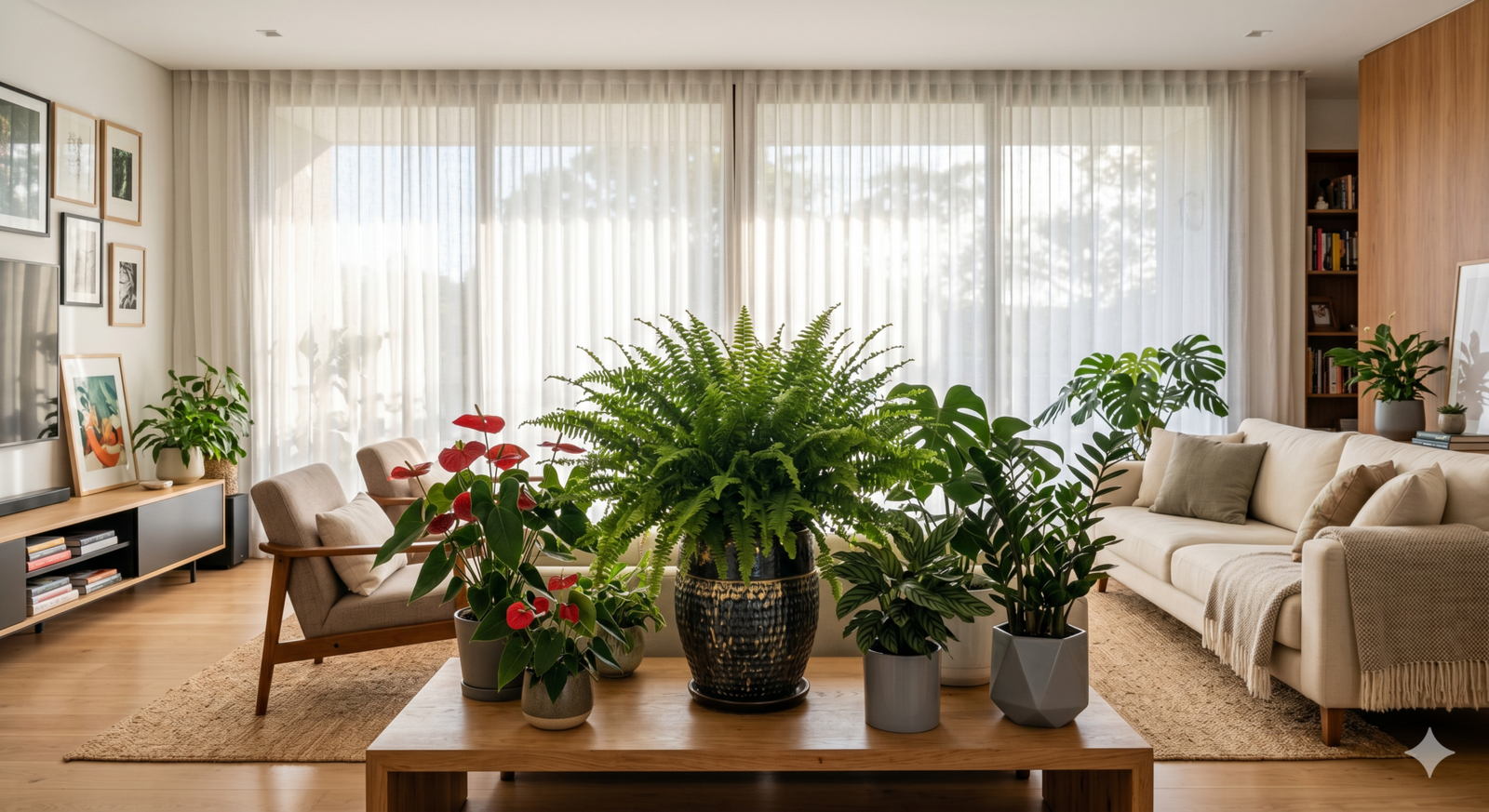 Plantas de sombra em sala de estar moderna