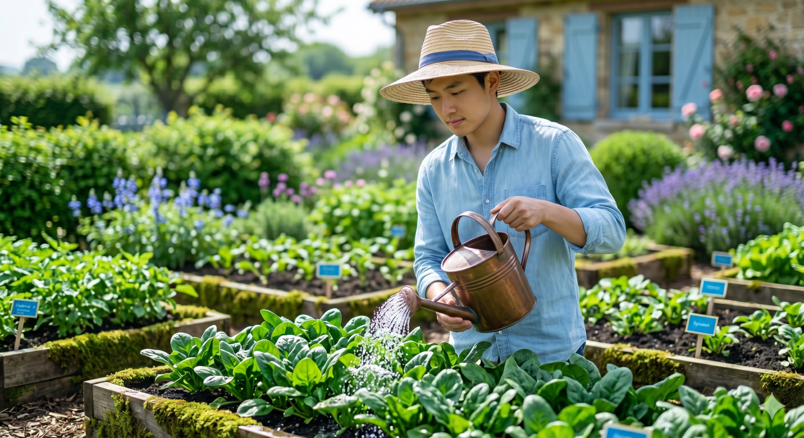 Como as verduras certas transformam sua horta em uma colheita abundante 3 Regando espinafres em horta caseira