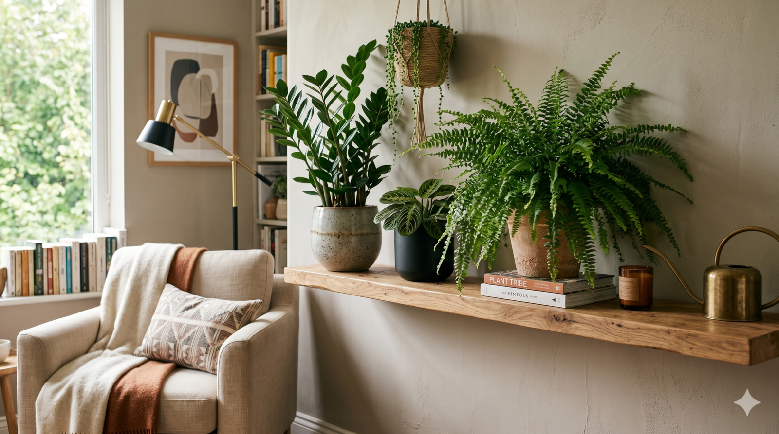 Uma imagem cativante de um canto de sala bem decorado com plantas de sombra.