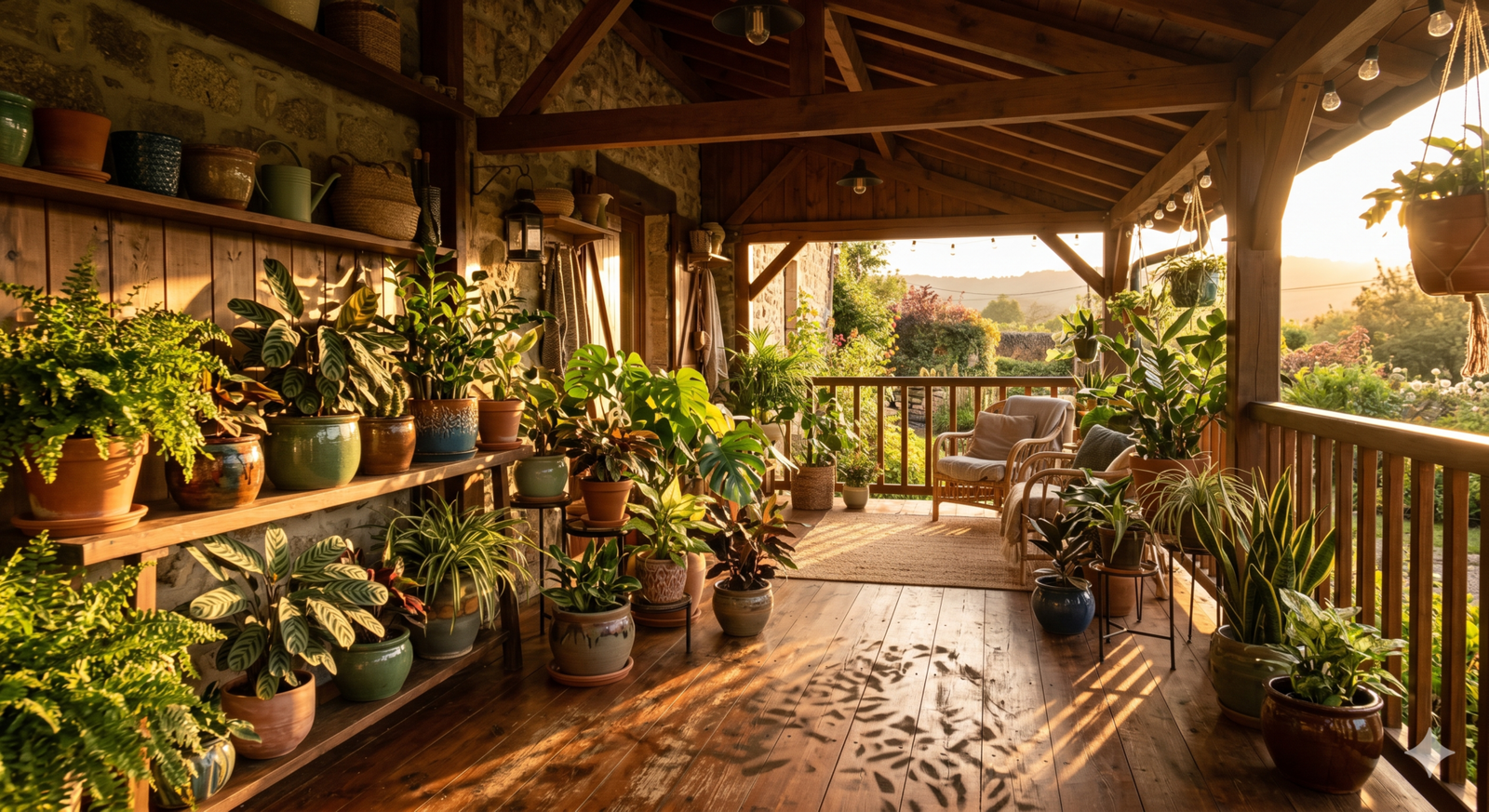 Varanda com plantas de sombra em vasos