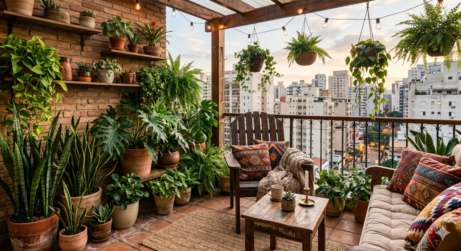 Varanda urbana com plantas de sombra