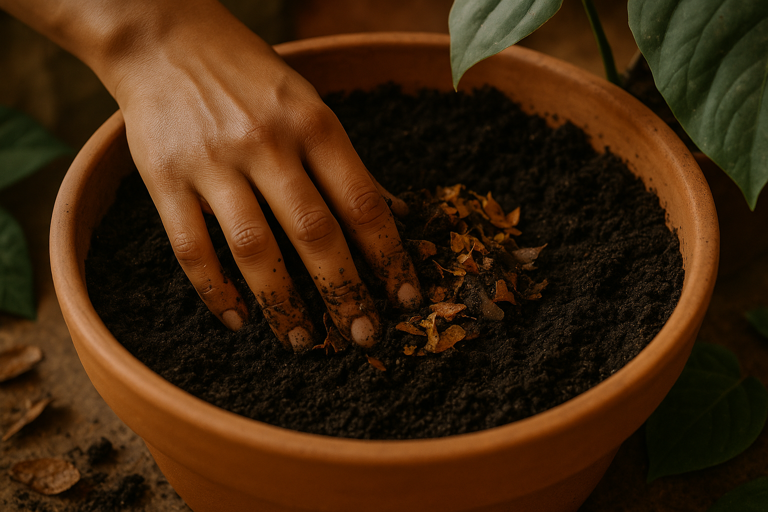 Close-up de uma mão feminina, pele morena clara, misturando composto orgânico em um vaso de planta com solo escuro e rico. A cena tem uma paleta de cores terrosas e quentes, com iluminação suave que destaca a textura do solo e das folhas ao redor. 