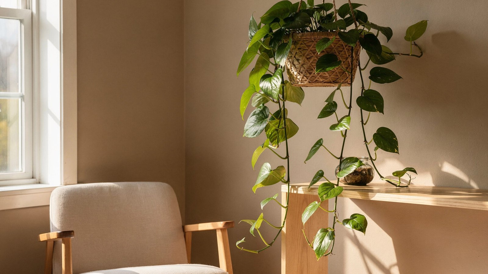 Um canto de sala com uma Jiboia pendurada em uma cesta suspensa, com folhas verdes brilhantes caindo em cascata, em um ambiente iluminado por luz natural.