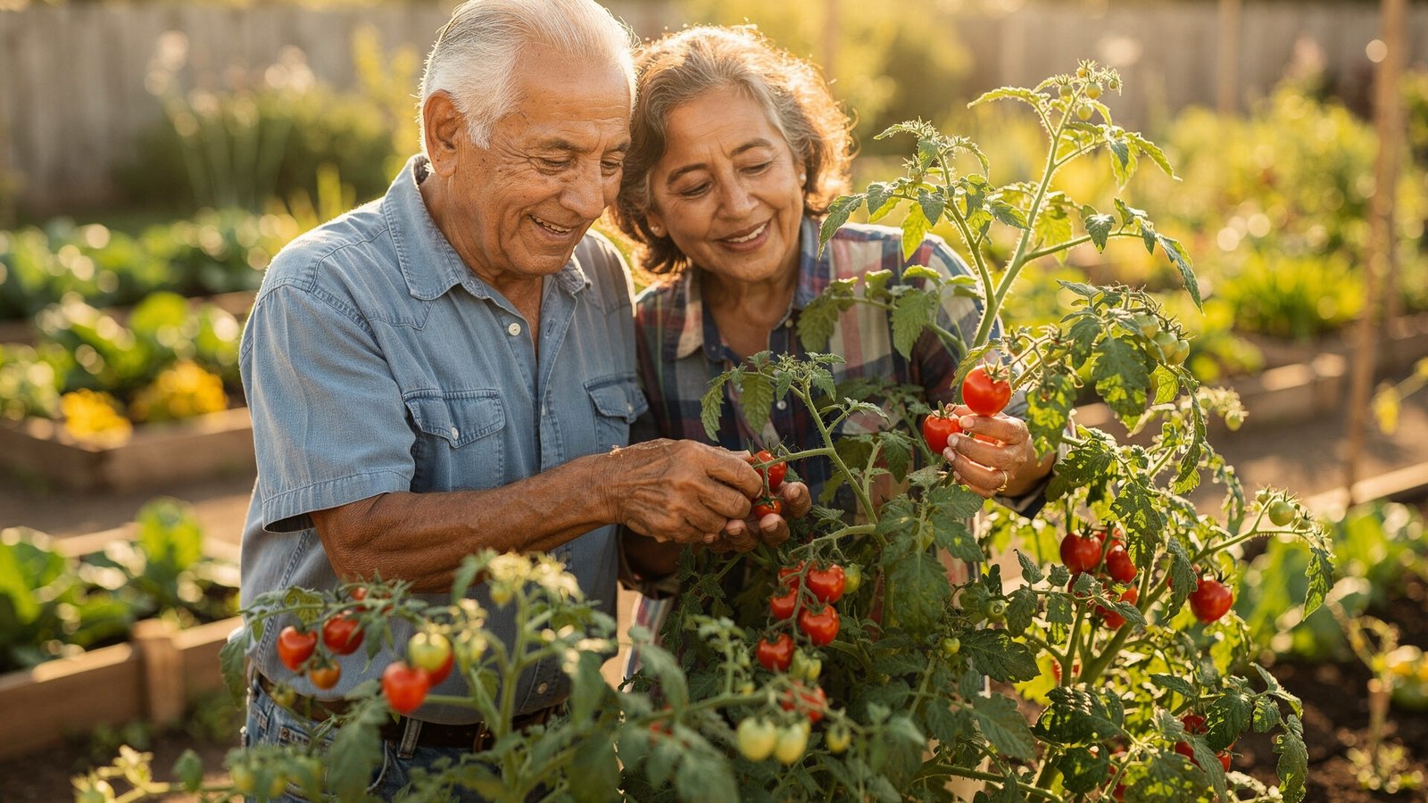 Um casal de idosos, aparentemente latino-americanos, colhendo tomates cereja de um pé de tomate cereja em um jardim. A cena é capturada em um dia ensolarado, com o plano de fundo desfocado mostrando outras plantas da horta. A paleta de cores é vibrante, destacando o vermelho dos tomates e o verde das folhas.