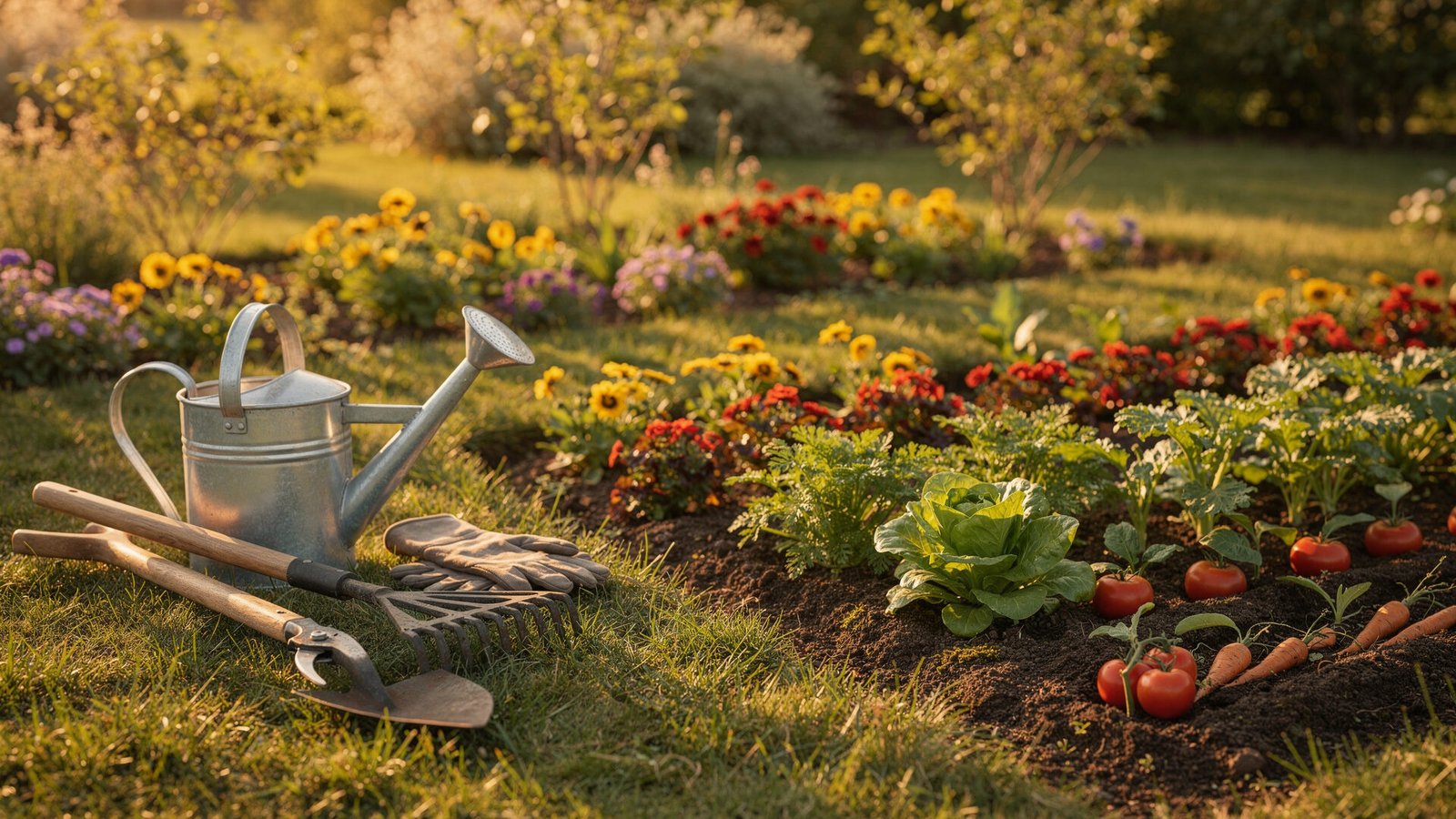 Um jardim bem cuidado com várias ferramentas de jardinagem dispostas harmoniosamente ao lado de uma pequena horta de vegetais. O cenário inclui cores vibrantes de plantas e terra, com iluminação suave de fim de tarde. 