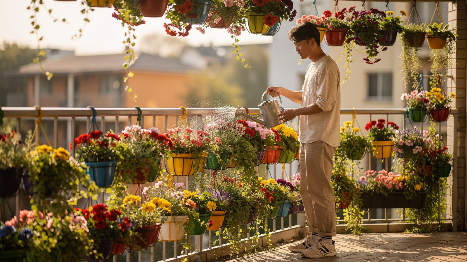Um jovem asiático, vestido casualmente com roupas de jardinagem, está regando uma horta suspensa em uma varanda ensolarada. Diversas plantas estão penduradas em vasos coloridos. O ambiente é vibrante, com flores de cores vivas e folhagens verdes. A iluminação é suave, com luz natural da manhã, criando um ambiente sereno.