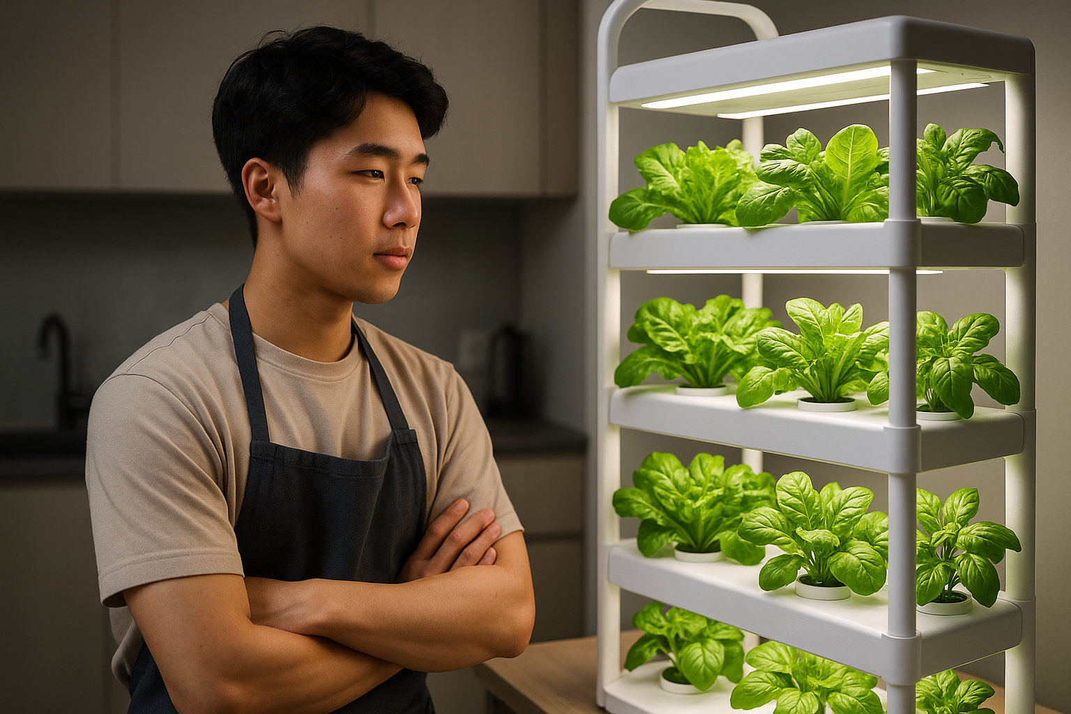 Um jovem asiático, vestindo um avental, observando um sistema hidropônico vertical em uma cozinha moderna. O cenário tem iluminação de estúdio suave, com plantas verdes vibrantes em destaque, contrastando com o ambiente de fundo em tons neutros.