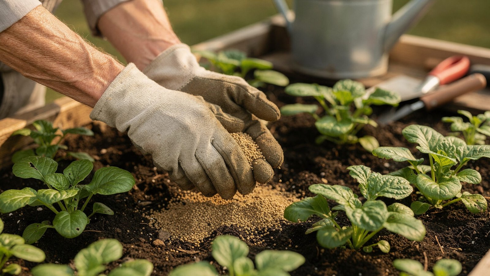 Aplicação de fertilizante em canteiro de horta