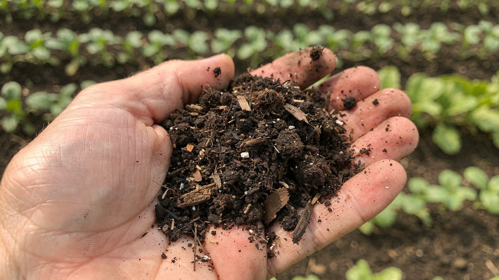 Uma mão de um adulto segurando um punhado de terra vegetal escura e rica, com pequenos fragmentos de matéria orgânica visíveis. Ao fundo, um canteiro de horta bem cuidado, com fileiras de mudas verdes. Iluminação natural suave que destaca a textura do solo.