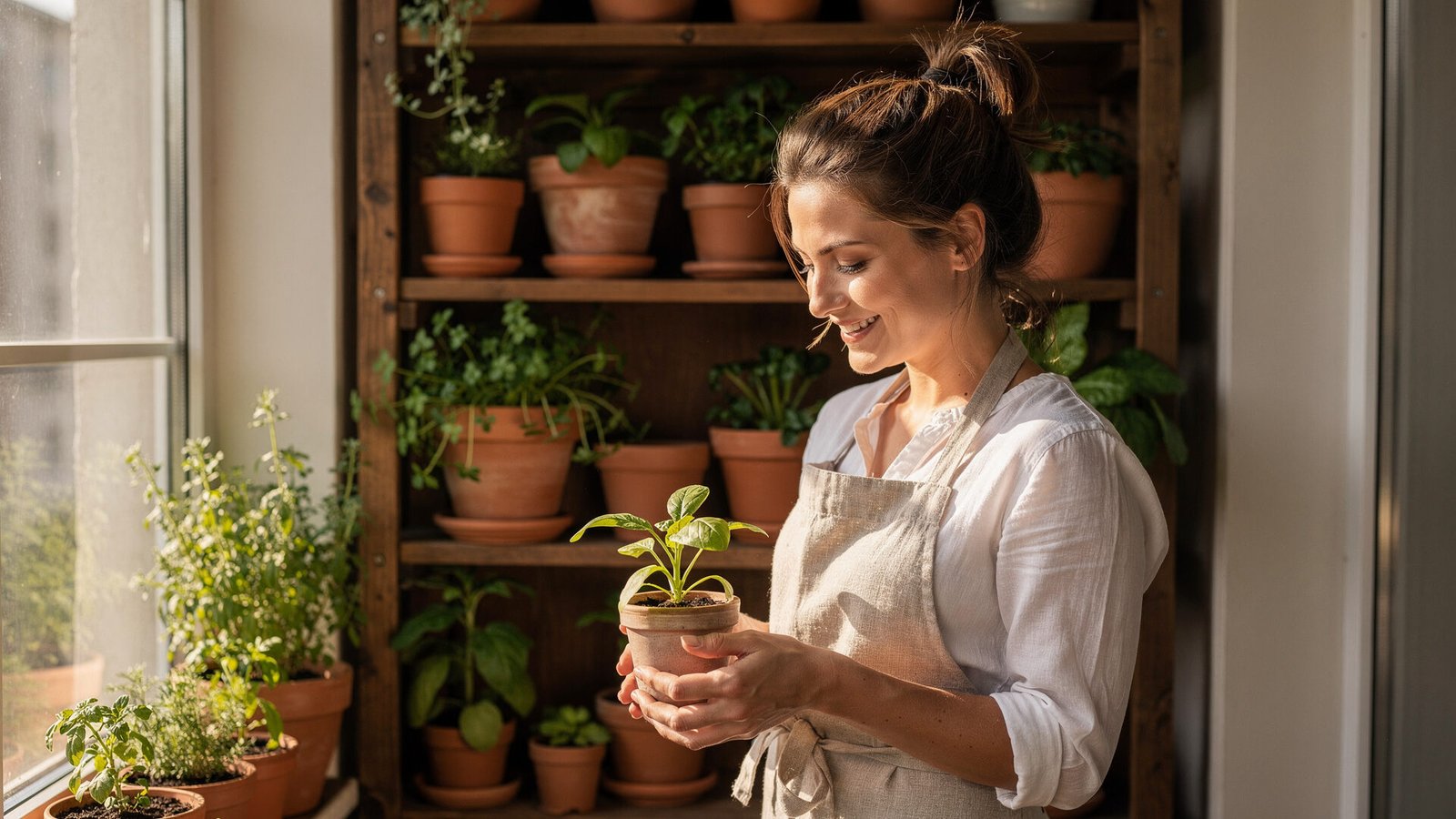 Uma mulher de 30 anos, com pele clara, cabelos castanhos presos em um coque despojado e vestindo um avental de jardinagem de linho claro, está sorrindo enquanto segura um pequeno vaso de cerâmica contendo uma muda verde vibrante. Ela está em uma varanda iluminada pelo sol da manhã, com prateleiras de madeira rústica ao fundo repletas de vasos de diferentes tamanhos e tipos de plantas, incluindo ervas e pequenas hortaliças. A luz do sol entra pela janela, criando um efeito de luz dramática lateral nas folhas das plantas. A paleta de cores é terrosa e fresca, com tons de verde, marrom e branco. Lente 50mm f/1.8, com bokeh suave no fundo, estilo "vida real" e acolhedor. 