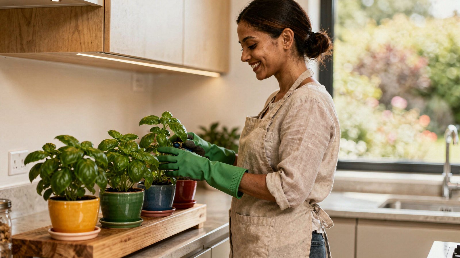 Uma mulher de 30 anos, etnia parda, sorrindo e colhendo manjericão fresco de uma horta em vasinhos coloridos dispostos em uma prateleira de madeira clara. Ela veste um avental de jardinagem de linho natural e luvas verdes. O ambiente é uma cozinha moderna com luz natural entrando pela janela, que mostra um jardim borrado (bokeh) ao fundo. A paleta de cores é vibrante, com tons de verde e marrom. A iluminação é suave e uniforme, típica de um dia ensolarado. As texturas são de folhas frescas, cerâmica e madeira polida. A estética é de um editorial de vida saudável, com lente 50mm f/1.8, focando na expressão de contentamento da mulher.