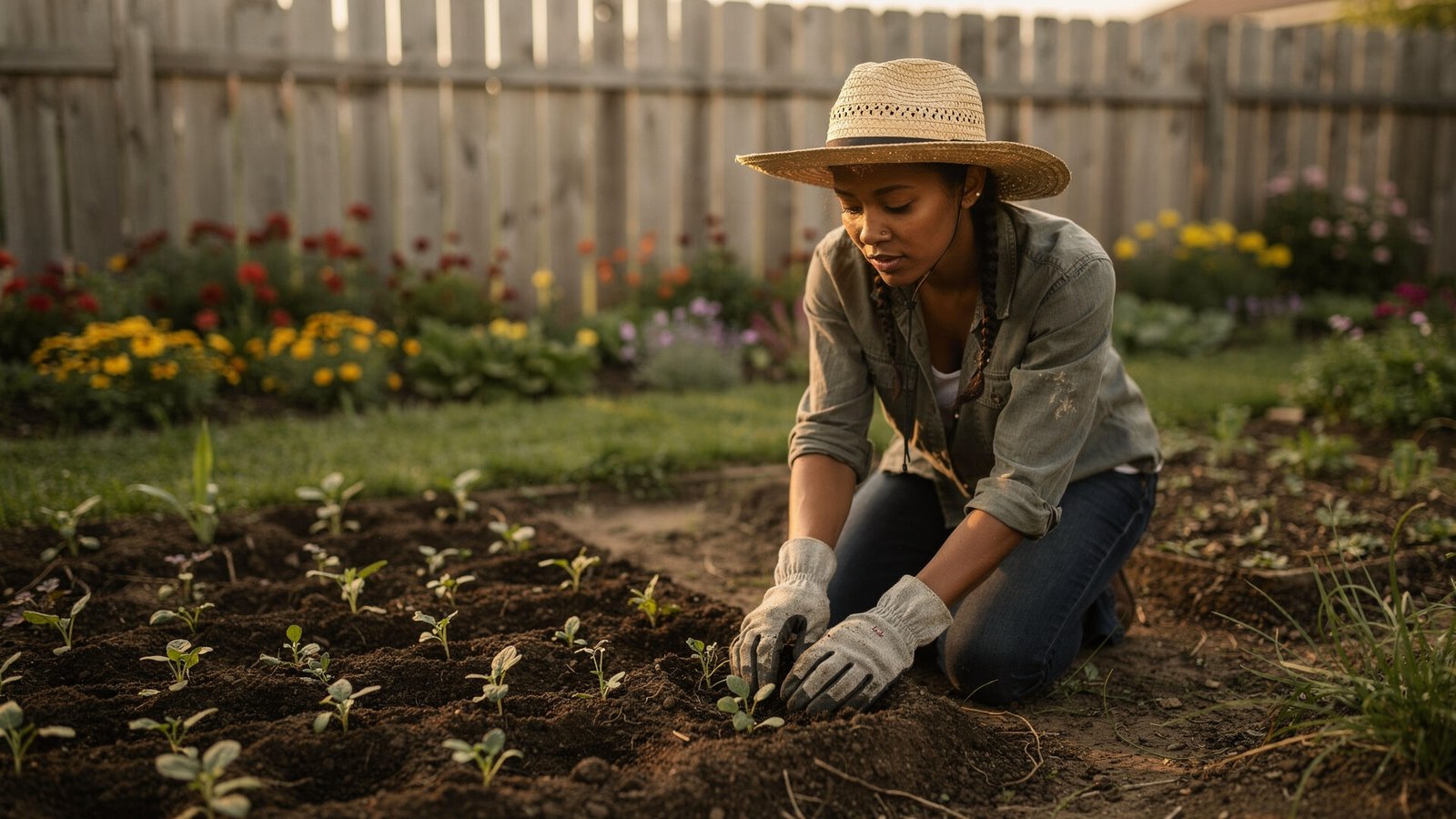 Uma mulher de aproximadamente 30 anos, de etnia mista, está ajoelhada no chão de terra de um quintal, usando luvas de jardinagem e um chapéu de palha. Ela está concentrada enquanto planta mudas em um canteiro de horta bem organizado. Ao fundo, há uma cerca de madeira e algumas flores coloridas. A paleta de cores é predominantemente verde e terrosa, com iluminação de fim de tarde criando uma atmosfera acolhedora.