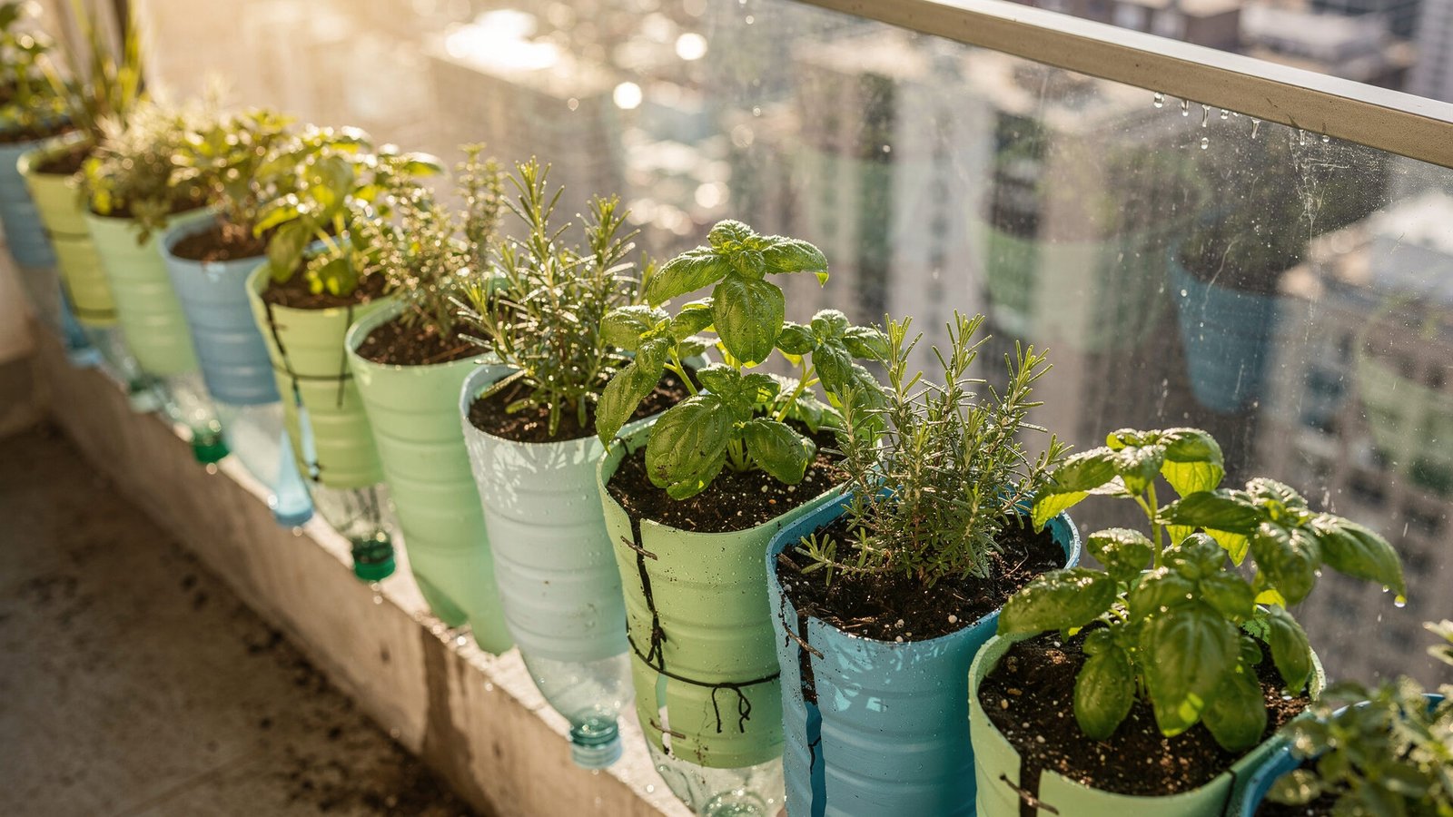 Vista aérea detalhada de uma horta suspensa com garrafa pet em uma varanda de apartamento ensolarada. As garrafas pet, cortadas e pintadas em tons pastel de verde e azul, estão preenchidas com terra e diversas ervas frescas como manjericão, alecrim e tomilho. Gotículas de água brilham nas folhas recém-regadas. O fundo mostra a cidade desfocada (bokeh) através de um parapeito de vidro. A paleta de cores é suave, com predominância de verdes e tons terrosos. A iluminação é de luz solar direta e quente, criando sombras suaves. As texturas são de plástico reciclado, folhas frescas e concreto. A imagem é um close-up macro, com lente grande angular, transmitindo uma sensação de inovação e sustentabilidade.