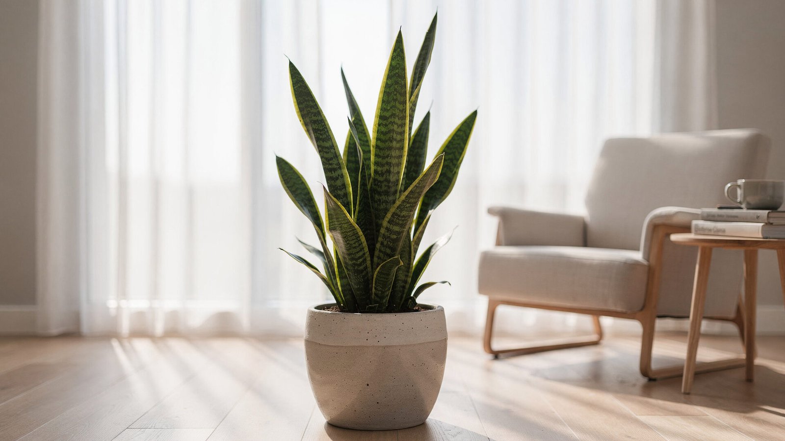 Descubra as Plantas Que Transformam Casas em Refúgios Verdes 2 Um ambiente interno moderno, com uma ampla janela ao fundo, iluminado pela luz suave da manhã. No primeiro plano, um vaso de cerâmica com uma Espada-de-São-Jorge, suas folhas verdes e pontiagudas em destaque. Ao fundo, uma cadeira de leitura e uma pequena mesa com livros, criando uma atmosfera de conforto e tranquilidade.