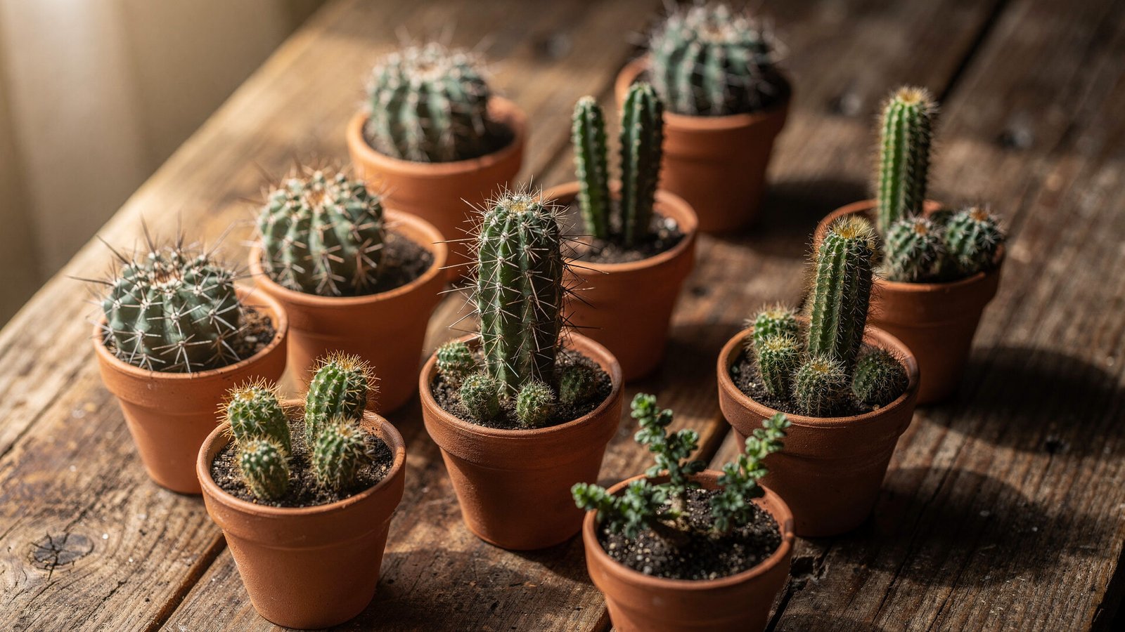 Descubra as Plantas Que Transformam Casas em Refúgios Verdes 4 Um close em uma mesa de madeira rústica com uma variedade de pequenos cactos em vasos de barro. A iluminação natural destaca as formas e texturas únicas de cada cacto, criando uma composição visual interessante e harmônica