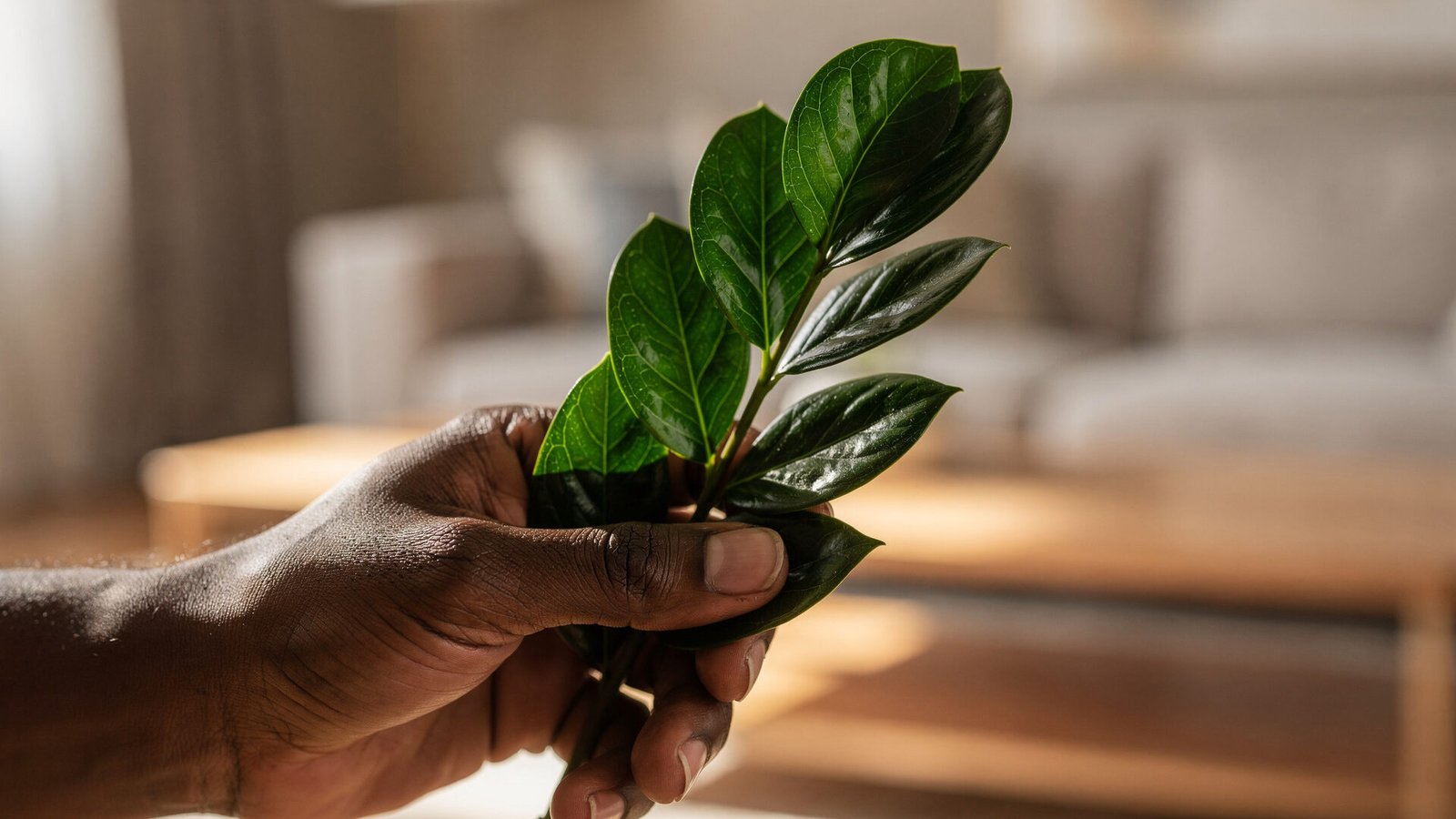 Descubra o poder do cultivo em casa: os primeiros passos essenciais 4 Um close-up de uma mão negra segurando uma folha saudável de uma planta de zamioculca. O fundo é desfocado, com bokeh suave, mostrando uma sala de estar com móveis em madeira clara. A paleta de cores é composta por verdes profundos e tons neutros ao fundo. A iluminação é natural e suave, destacando a textura da folha.